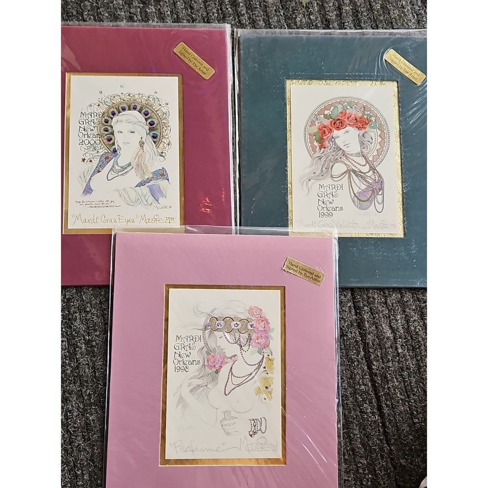 3 Mardi Gras New Orleans‎ Prints 1998 1999 2000 Mousie Art Deco Art Nouveau 8x10